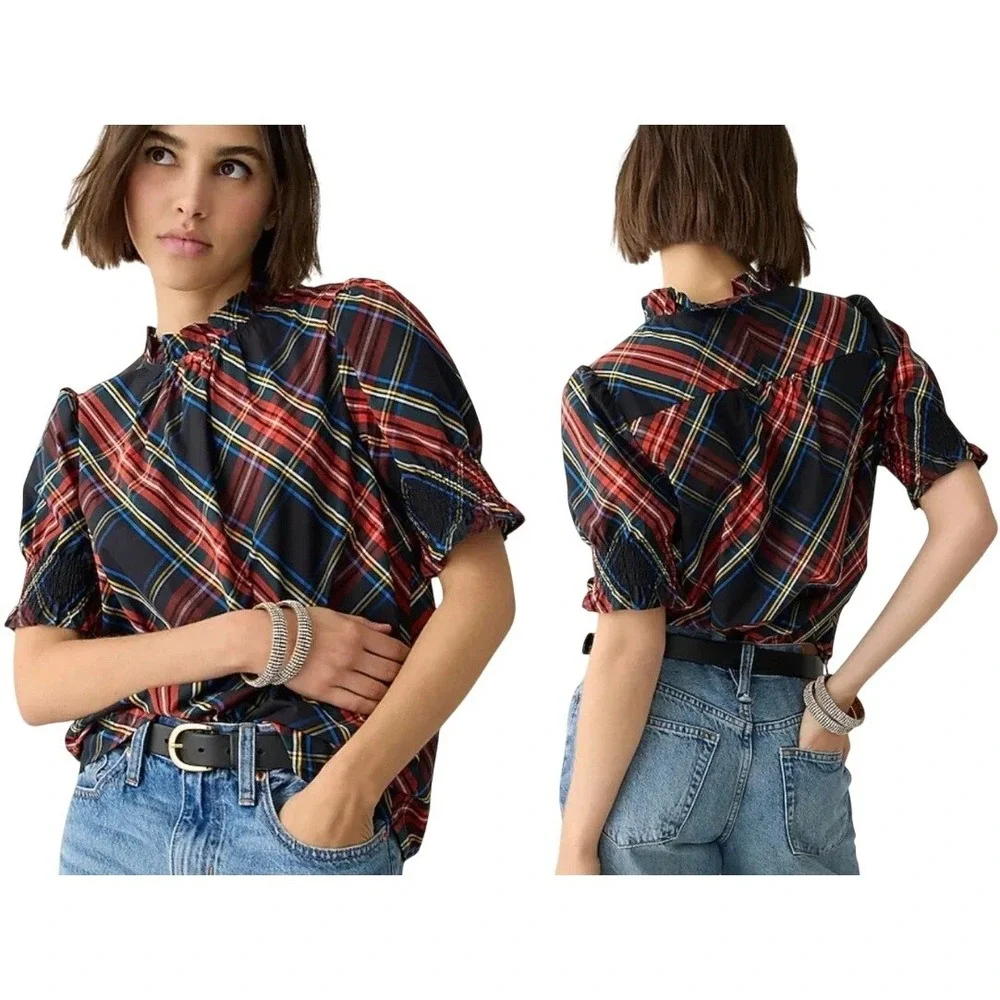 J. Crew Womens BN162 Tartan Plaid Ruffle Neck Puff Sleeve Cotton Top Small